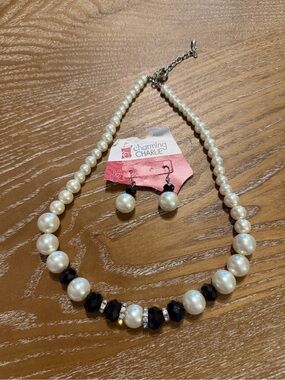 Charming Charlie Cream Pearl and Black Bead Necklace with Matching Earrings